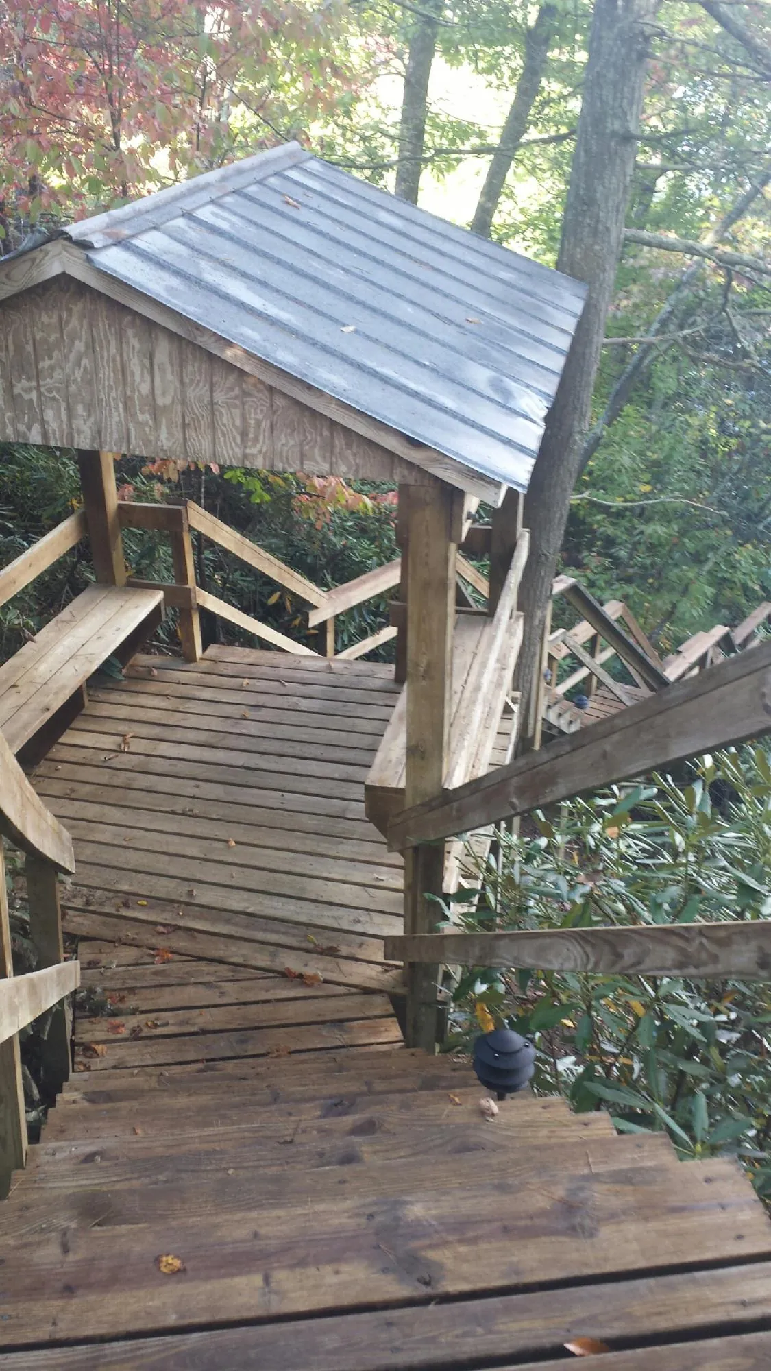 Metal roofed shelter over wooden steps on a wooded walkway — Skylight Repair & Installation work by our crew in Floral City